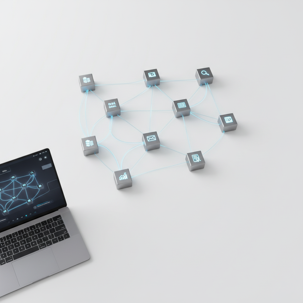 An overhead photographic view of a pristine white desk where a detailed AI workflow is represented by physical objects: slim metallic nodes connected by thin glowing fiber-optic-like strands forming an elegant network pattern. Each node resembles a small brushed-steel cube with subtle illuminated icons for tasks like data, email, analytics, and reporting. A high-end laptop with a dark, minimalist interface sits at the edge of the frame, its screen echoing the same workflow in digital form. Soft, balanced studio lighting creates gentle shadows between nodes and a calm, clinical precision. The composition is clean and spacious with ample white negative space, conveying clarity, control, and professional-grade automation intelligence in a photographic, modern aesthetic.