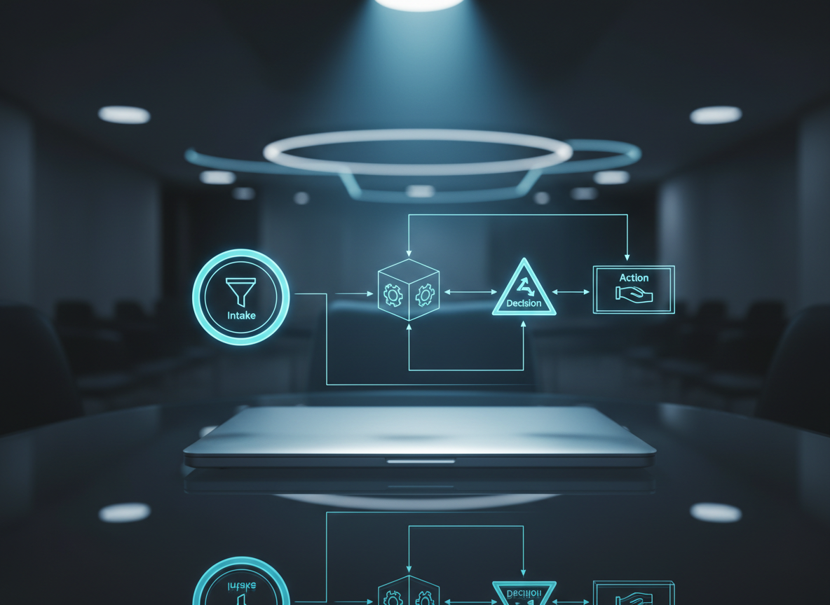 A close-up, photographic shot of a glass tabletop where an AI agent workflow is visualized as a three-dimensional holographic diagram floating just above the surface. Translucent lines in electric blue and cyan connect semi-transparent geometric modules labeled with tiny, legible task icons, suggesting intake, processing, decision, and action stages. Beneath the hologram, the faint reflection of a premium metal laptop is visible, closed and perfectly aligned. The environment is a dark, elegant office with subtle background bokeh from cool-toned LED strips. Focused, directional lighting from above highlights the holographic structure, creating crisp reflections and a dynamic, futuristic yet highly professional atmosphere, emphasizing precision and advanced business automation.