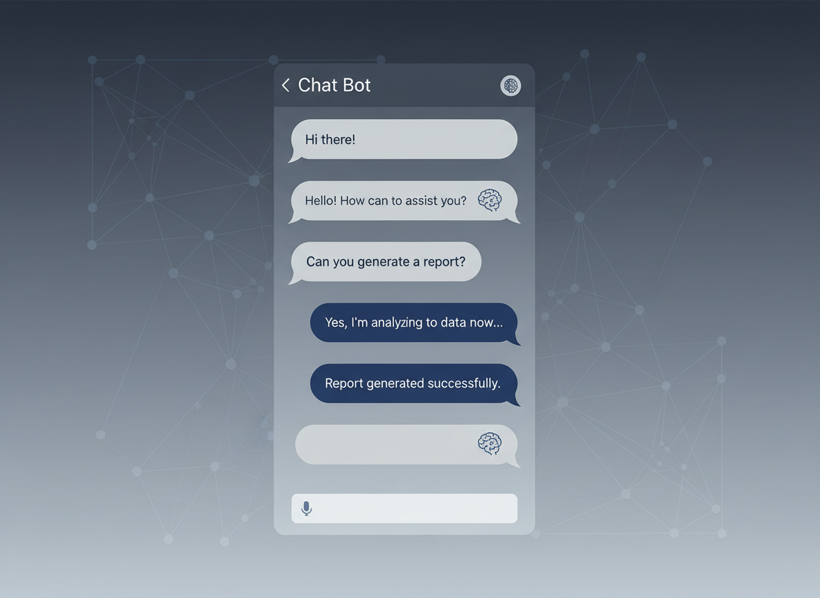 A modern, minimal illustration of a chat bot conversation interface with speech bubbles and AI icons, in the same style and colors as the existing NAI4NAI site imagery
