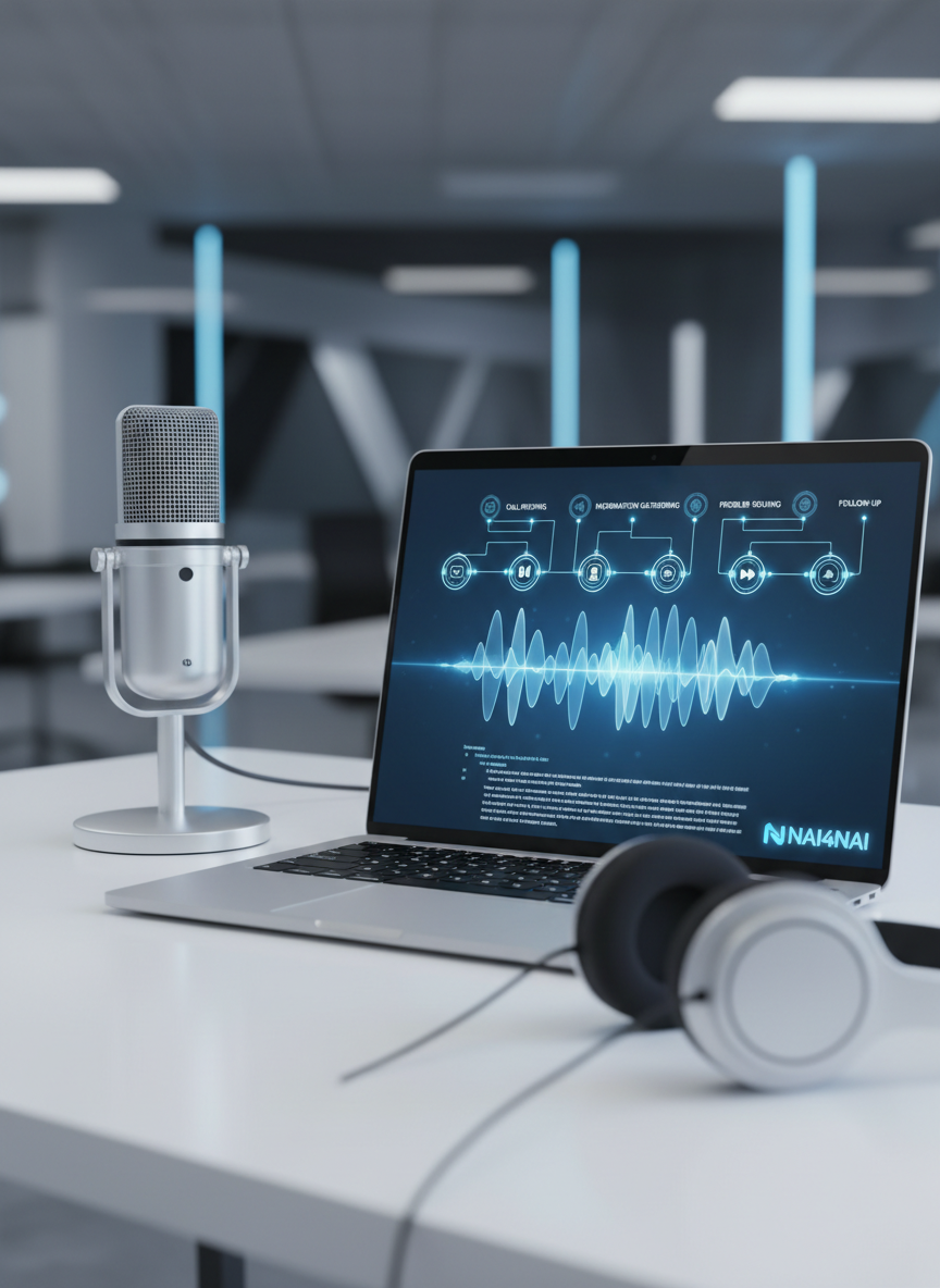 A modern, photographic image of an AI-powered voice assistant workflow: a sleek desktop microphone and headphones on a clean white desk, with a laptop screen showing conversation waveforms and nodes representing automated voice call steps like greeting, routing, and follow-up. Cool blue and silver interface accents, soft studio lighting, shallow depth of field, matching the futuristic, professional AI workflow imagery style used elsewhere on the NAI4NAI site.